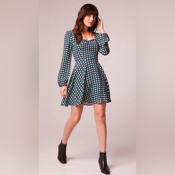 GENEVIEVE TEAL DIAMOND LONG SLEEVE MINI DRESS - Picture 1 of 5